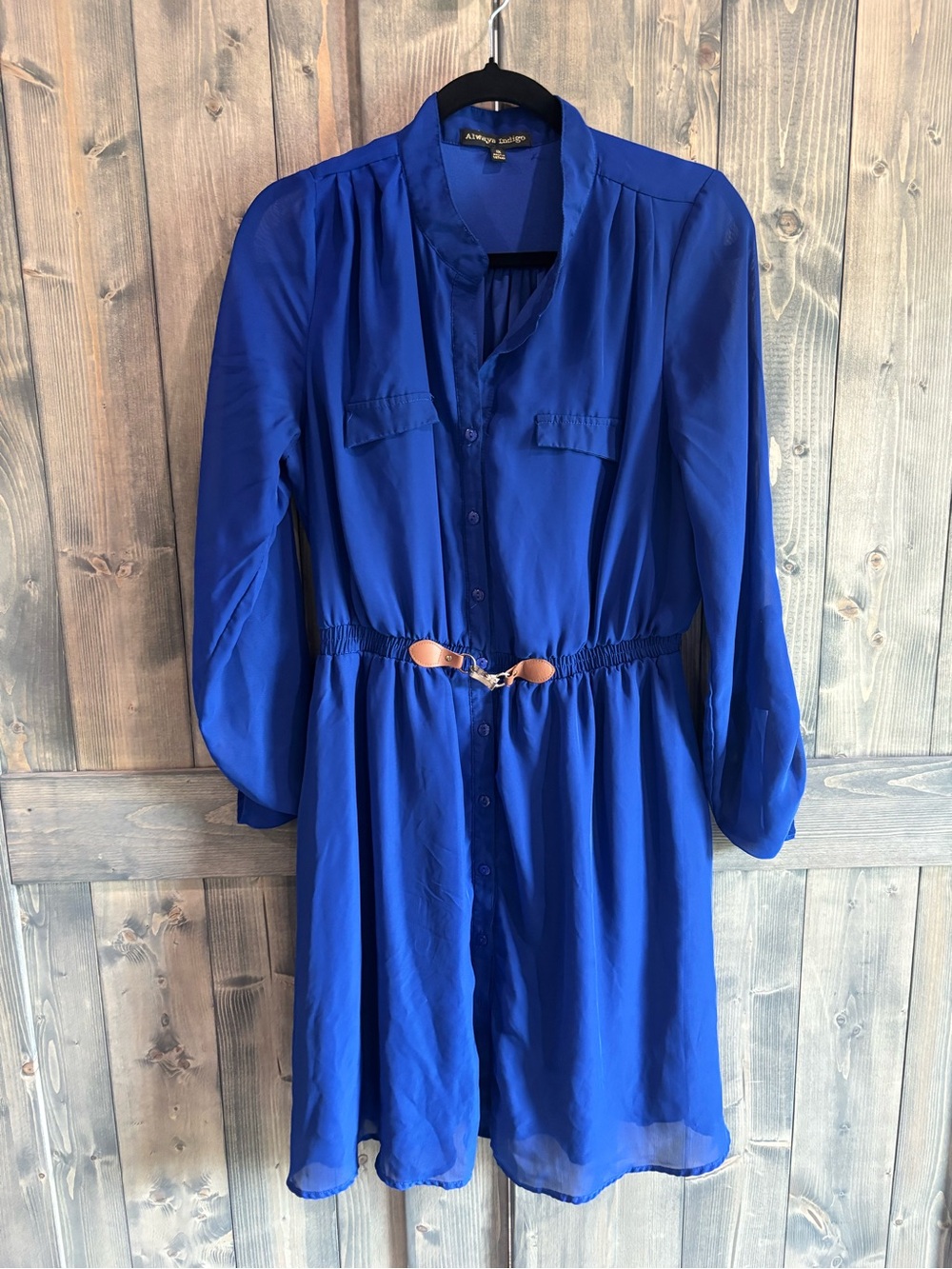 Allison Joy Royal Blue Long-Sleeve Button Dress with Belt